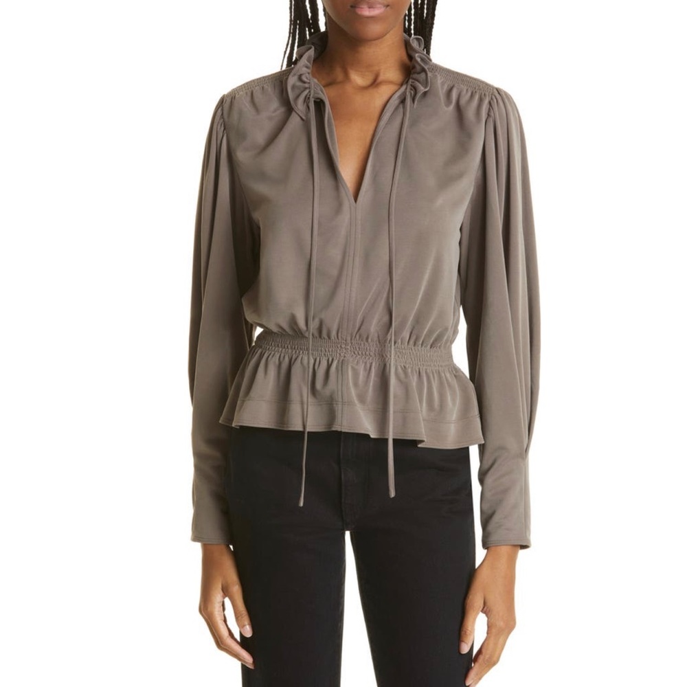 Rebecca Taylor Smocked Ruffle Collar Blouse in Taupe